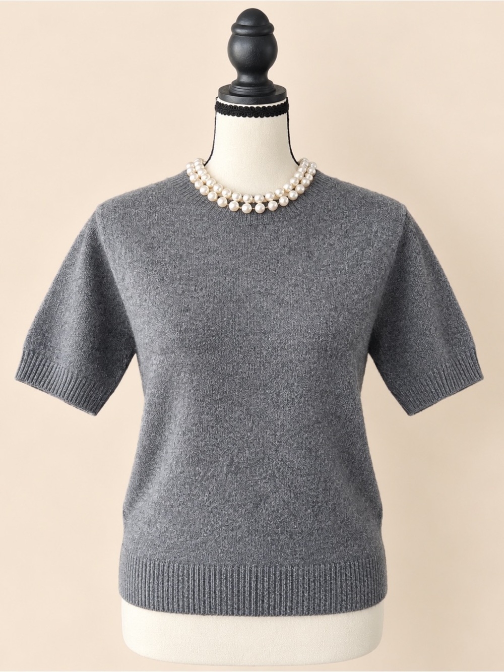 Grey Pearl Collar Short Sleeve Knit Sweater Tee Coquette Old Money Preppy S NWT